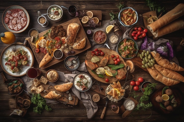 Uma mesa cheia de comida, incluindo carne, legumes e carnes.