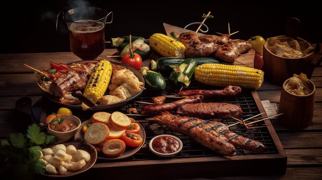Uma mesa cheia de comida, incluindo carne, legumes e um copo de cerveja.