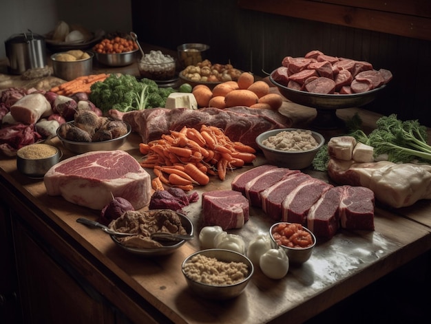 Foto uma mesa cheia de comida, incluindo carne, ovos e cenouras.