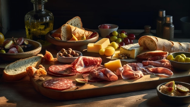 Uma mesa cheia de comida, incluindo carne, queijo e azeitonas.