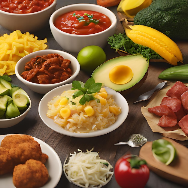 Foto uma mesa cheia de comida, incluindo carne, vegetais e carne