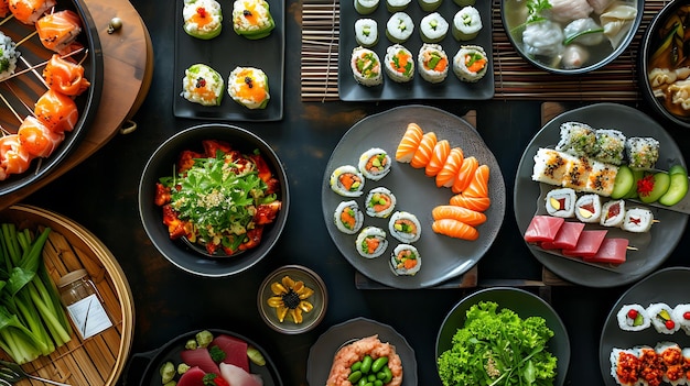 uma mesa cheia de comida, incluindo cenouras e ervilhas de sushi