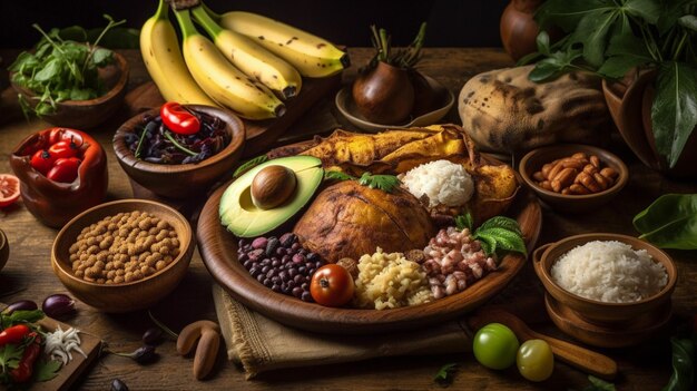 Uma mesa cheia de comida, incluindo feijão, feijão, feijão e feijão.