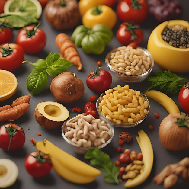 Foto uma mesa cheia de comida, incluindo feijões, nozes e nozes