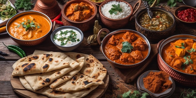 Uma mesa cheia de comida, incluindo frango, naan e naan