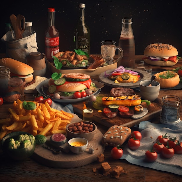 Uma mesa cheia de comida, incluindo hambúrgueres, batatas fritas e uma garrafa de coca cola.