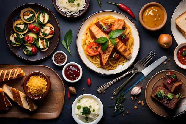 Uma mesa cheia de comida, incluindo macarrão, carne e legumes