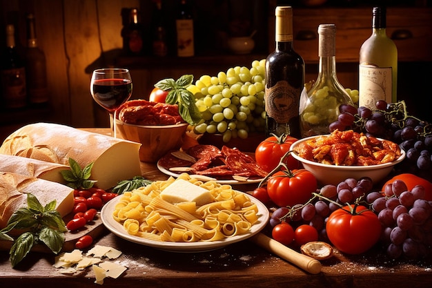 Foto uma mesa cheia de comida, incluindo macarrão.