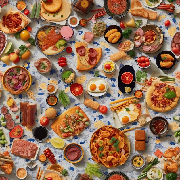 Uma mesa cheia de comida, incluindo massas, carnes e vegetais.