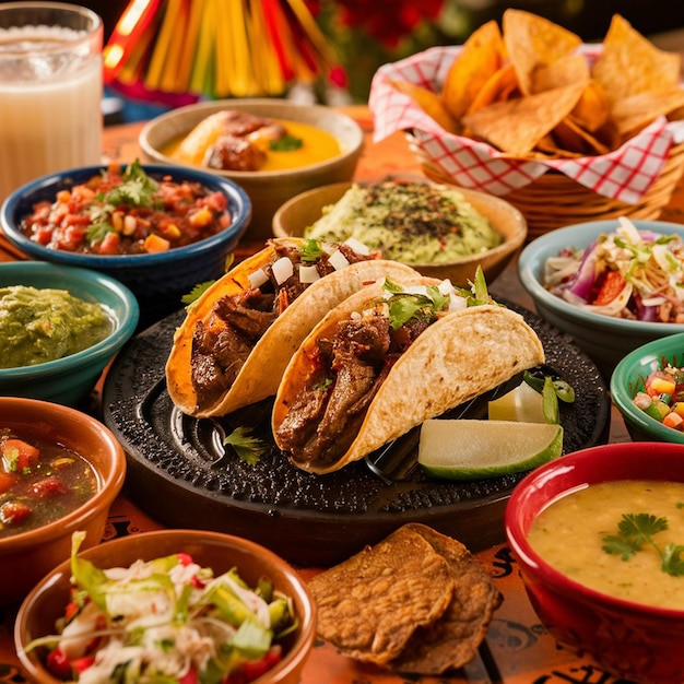 Foto uma mesa cheia de comida, incluindo nachos salsa e salsa