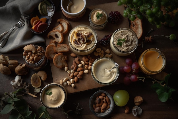 Uma mesa cheia de comida, incluindo nozes, pão e nozes.