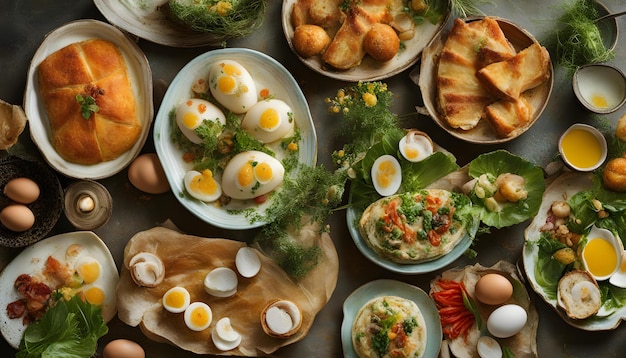 uma mesa cheia de comida, incluindo ovos, ovos e pão