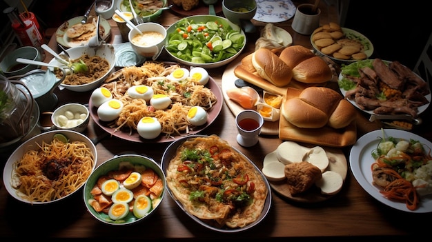 uma mesa cheia de comida, incluindo ovos, pão e vegetais.