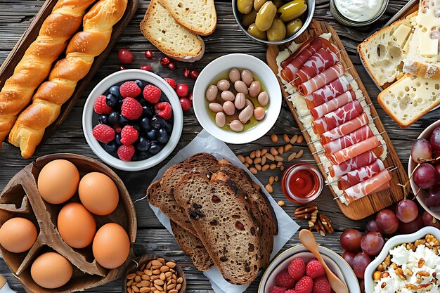 uma mesa cheia de comida, incluindo pão e pão