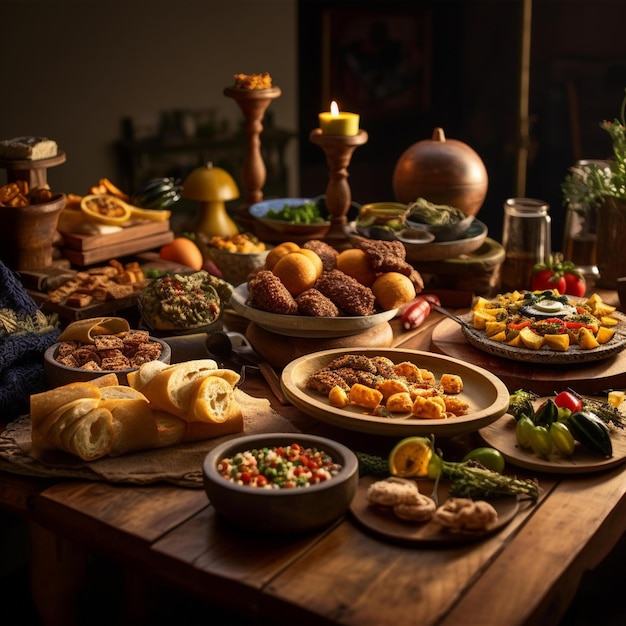 Uma mesa cheia de comida, incluindo pão, vegetais e pão.