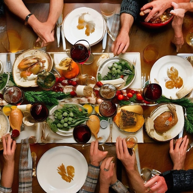 Uma mesa cheia de comida, incluindo peru, peru e outros alimentos.