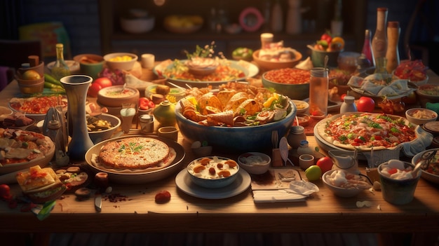 Uma mesa cheia de comida, incluindo pizza, macarrão e outros alimentos.