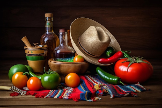 Uma mesa cheia de comida, incluindo um chapéu, uma garrafa de pimenta vermelha, uma garrafa de pimenta vermelha, uma garrafa de pimenta vermelha, uma garrafa de pimenta vermelha, uma garrafa de pimenta vermelha