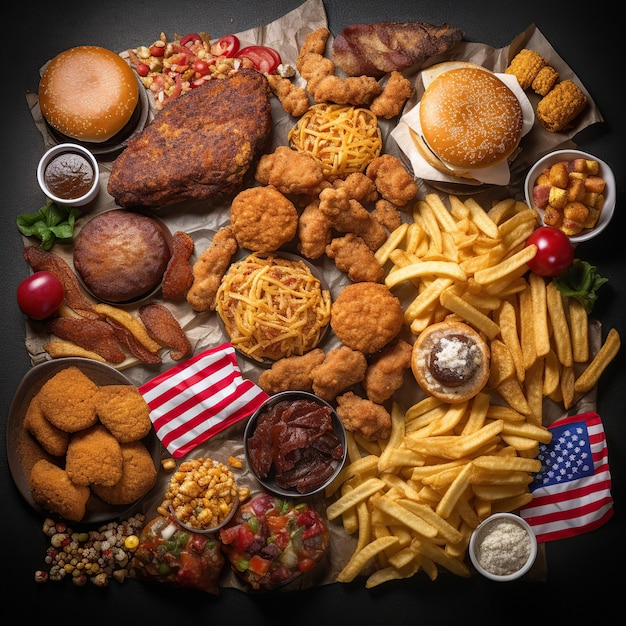 Uma mesa cheia de comida, incluindo um hambúrguer, batatas fritas e uma bandeira.