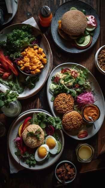 Uma mesa cheia de comida, incluindo um hambúrguer e uma salada