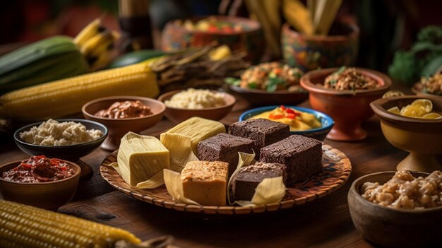 Uma mesa cheia de comida, incluindo um prato de comida com um prato de comida sobre ele