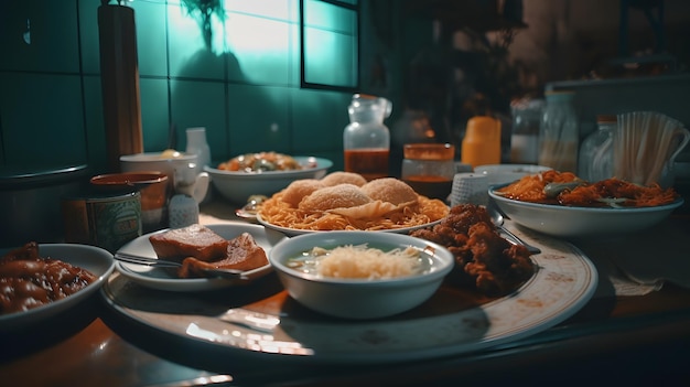 Uma mesa cheia de comida, incluindo um prato de comida e uma garrafa de cerveja.