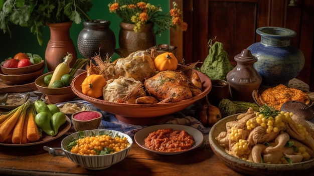 Uma mesa cheia de comida, incluindo um prato de comida.