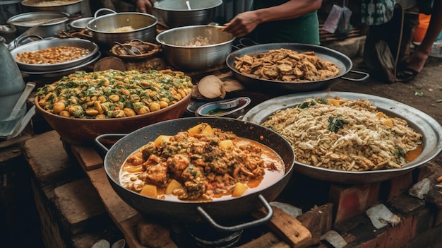 Uma mesa cheia de comida, incluindo uma com muita comida