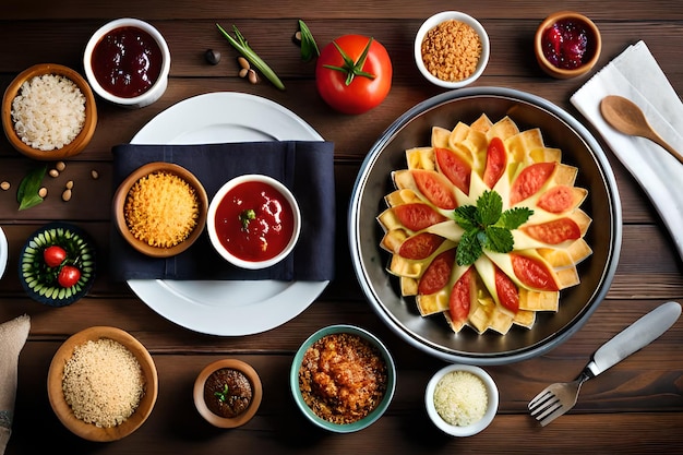 Uma mesa cheia de comida, incluindo uma tigela de comida e uma tigela de molho de tomate.