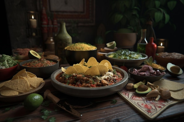 Uma mesa cheia de comida, incluindo uma tigela de salsa e tortilhas.