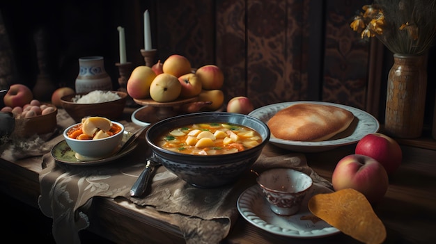 Uma mesa cheia de comida, incluindo uma tigela de sopa e um prato de pêssegos.