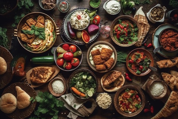 Uma mesa cheia de comida, incluindo uma variedade de alimentos, incluindo frango, saladas e saladas.