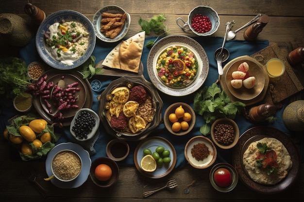 Uma mesa cheia de comida, incluindo uma variedade de alimentos, incluindo grão de bico, pistache e grão de bico.