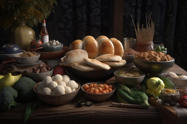 Uma mesa cheia de comida, incluindo uma variedade de alimentos, incluindo ovos, pão e queijo.