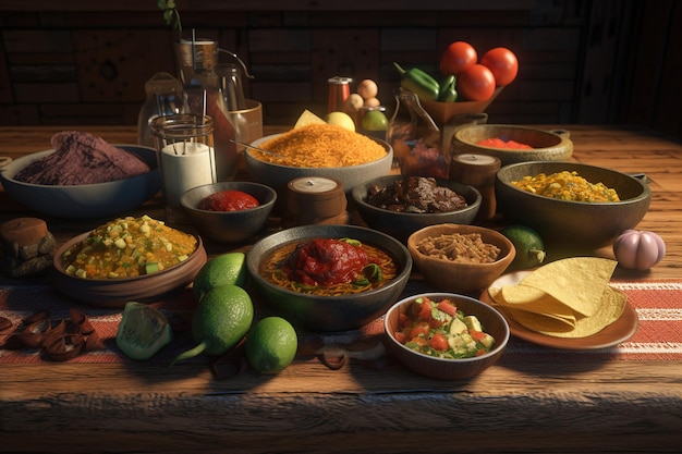 Uma mesa cheia de comida, incluindo uma variedade de alimentos.
