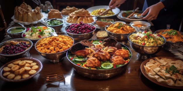Uma mesa cheia de comida, incluindo uma variedade de pratos, incluindo carne, legumes e outros alimentos.