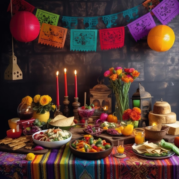 Uma mesa cheia de comida mexicana, incluindo uma festa mexicana.