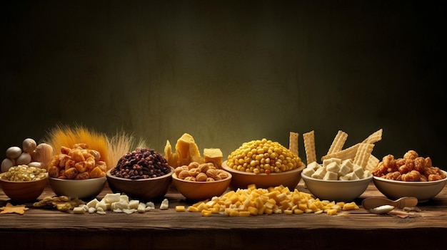 Uma mesa cheia de diferentes tipos de alimentos, incluindo milho, milho e nozes.