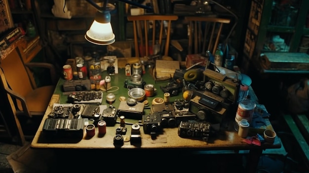 Uma mesa cheia de eletrônicos, incluindo uma garrafa de água e uma garrafa de água.
