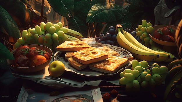 Uma mesa cheia de frutas e um prato de comida com uma placa que diz "fruta".