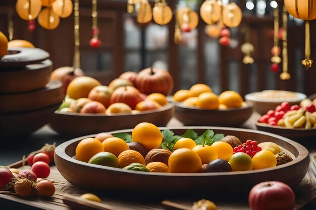 Uma mesa cheia de frutas e vegetais com uma lanterna pendurada no teto.