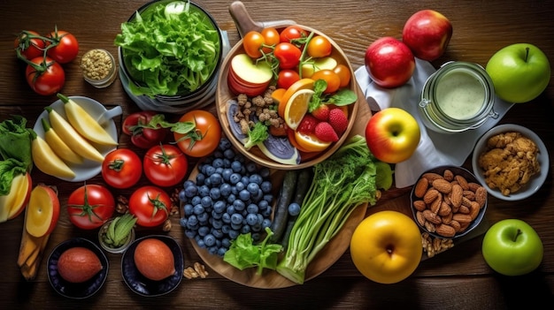 uma mesa cheia de frutas e vegetais, incluindo tomate, alface e tomate.