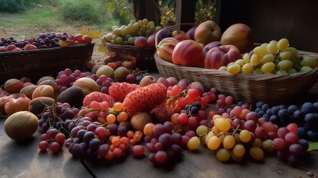 Uma mesa cheia de frutas, incluindo uvas, pêssegos e peras