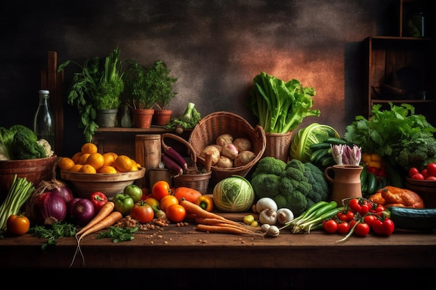 Uma mesa cheia de legumes e frutas