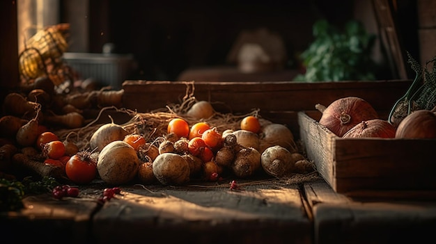 Uma mesa cheia de legumes e uma cesta de legumes.