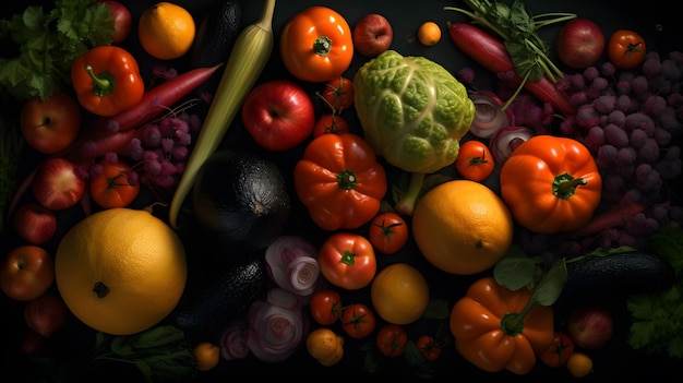 Uma mesa cheia de legumes, incluindo frutas e legumes