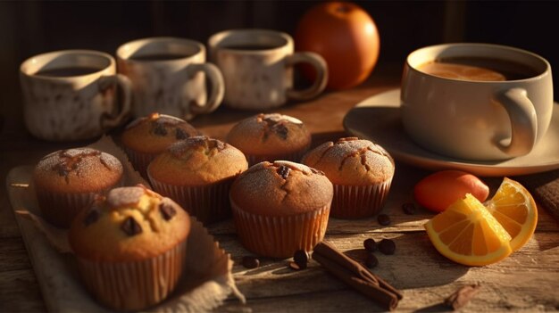 Uma mesa cheia de muffins e uma xícara de café.