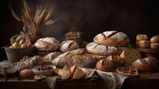 Uma mesa cheia de pães e pães com uma cesta de queijos e uma tigela de pão.