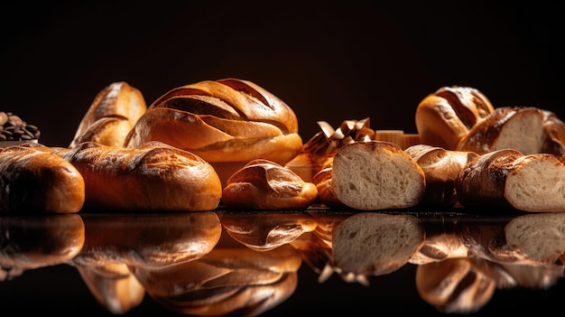 Uma mesa cheia de pães e uma placa que diz 'pão'