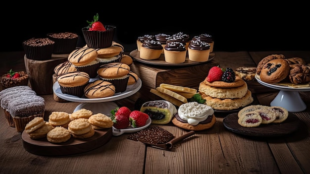 Uma mesa cheia de sobremesas diferentes, incluindo muffins e outros doces.